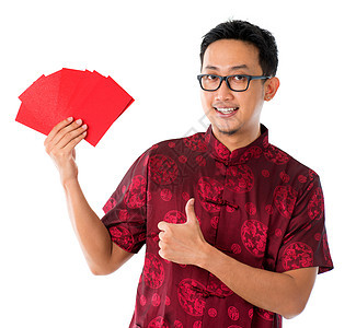 亚裔中国男子男生男人衣服快乐问候语拇指祝福广告庆典繁荣图片