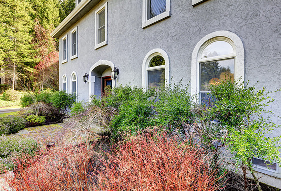 大灰色古典房子的家门外 有很多狭窄的窗户住宅绿色建筑学石头天空白色人行道蓝色修剪建筑图片