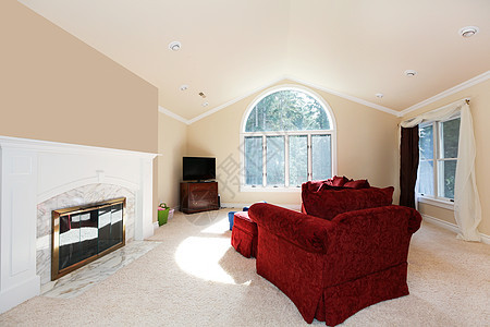 有红色沙发和白色壁炉的大客厅图片