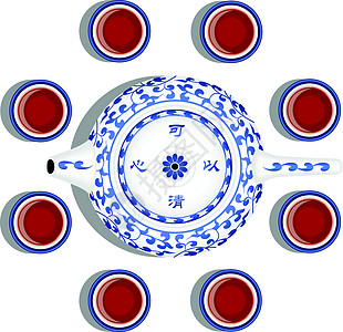 茶壶和茶杯黏土传统蓝色白色盘子陶器陶瓷餐具坡度网格图片