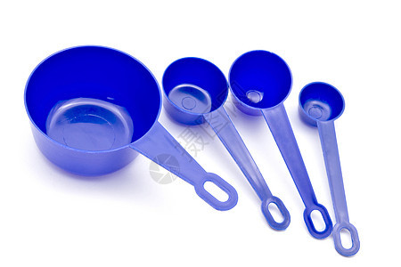 蓝度量勺白色厨房勺子汤匙茶匙塑料工具测量宏观烹饪图片