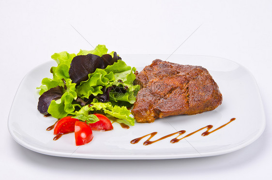 猪颈牛扒敷料食欲食物盘子烧烤猪肉炙烤厨房叶子图片