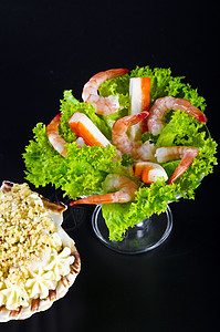 虾沙拉螃蟹红色营养水果美食宏观海鲜黑色小吃贝类图片