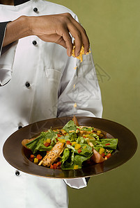 介绍健康鸡肉沙拉辣椒烹饪衣服夹克鸡柳工作厨师味道美食盘子图片