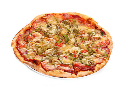 孤立的意大利新披萨午餐美食脆皮小吃火腿洋葱送货面团食物用餐图片