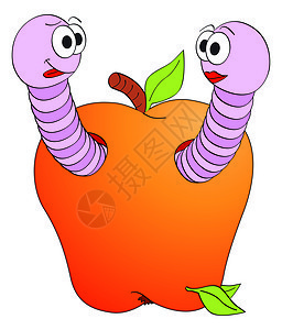 卡通在苹果插图中微笑的蠕虫字符 孤立于白色背景幸福动物乐趣毛虫刘海卡通片小路染色童年卡片图片