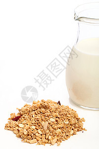 Muesli 与牛奶隔绝于白色背景图片