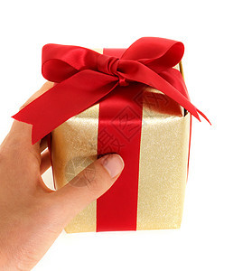 手持礼品盒礼物金子红色白色丝带展示生日礼物盒图片