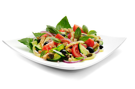 蔬菜沙拉加巴西洋葱午餐盘子饮食服务美食产品维生素装饰面包块图片