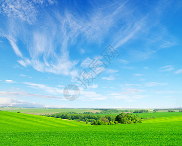 绿地和蓝天空远景草地草原农场晴天太阳场地蓝色土地国家图片