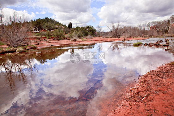 橡树溪下游反射Sedona亚利桑那州沙漠树木公园远景红色地质学风景岩石环境橙子图片