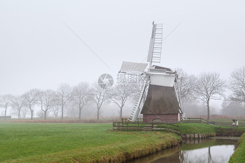 雾中的荷兰风车图片