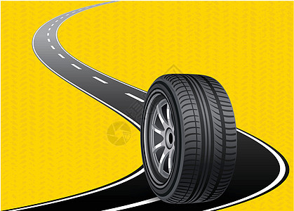 路上的汽车轮胎被黄色黑地弯曲而成图片