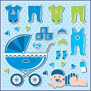 一套婴儿男孩图标蓝色瓶子拨浪鼓帽子衣服剪贴簿卡通片孩子童年运输图片