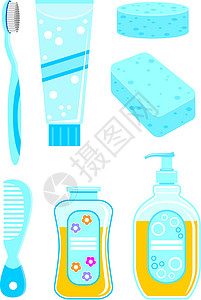 一套洗澡用的东西牙刷蓝色肥皂洗发水沐浴露卡通片牙膏温度计剪刀插图图片