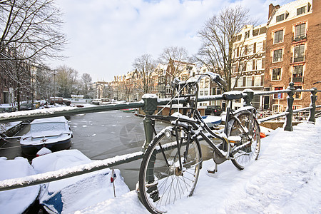荷兰的Snowy 阿姆斯特丹城市运输特丹房子风光建筑学建筑自行车图片