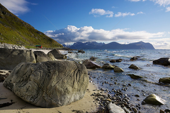 洛福顿的落岩海滩旅行巨石风景场景海岸线太阳全景岩石峡湾支撑图片