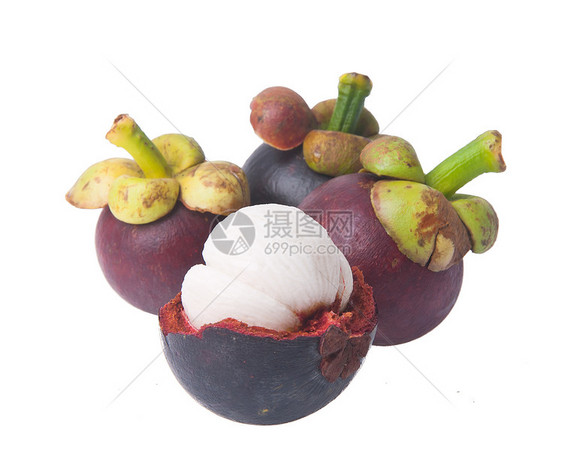 芒果水果和横截片 显示厚紫色皮肤女王果汁异国白色山竹情调美食圆形热带食物图片