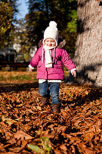 秋天在户外玩耍的可爱女孩女性婴儿乐趣森林幸福孩子橙子围巾夹克童年图片