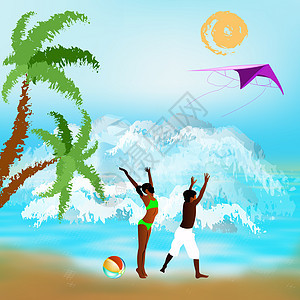 在奇异的海上度假胜地安乐休息太阳幸福女性棕榈叶子孩子晴天旅行女士跑步图片