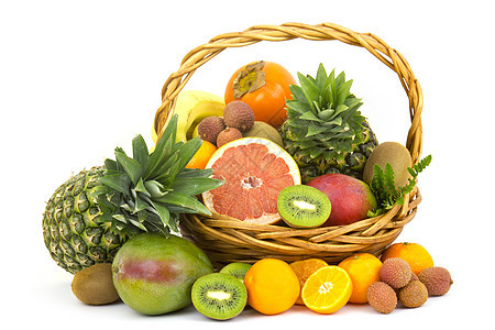 新鲜水果 篮子里有新鲜的果实热带香蕉食物杂货店柿子凤梨柳条橙子荔枝柚子图片