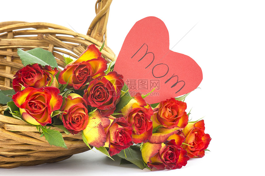 在篮子里有红玫瑰和黄玫瑰母亲手势热情妈妈植物群花束生长墙纸周年生日图片