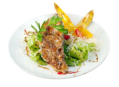 灰鲑鱼牛排午餐蔬菜盘子牛扒食物海鲜香肠香气炙烤烹饪图片