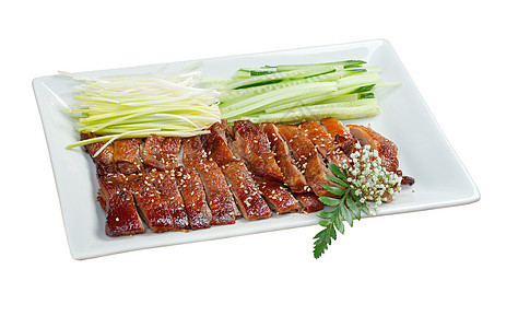 烤鸭 中国风格炙烤家禽美食主菜洋葱皮肤鸭子红色食物香料图片