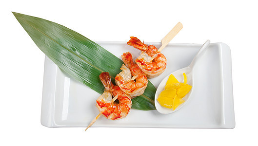日本白的皇家大虾竹子盘子白色美食烧烤烹饪餐厅海鲜推介会食物图片