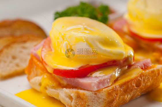 用番茄和火腿烤面包上的鸡蛋宏观奶制品英语食物烹饪面包香菜水煮盘子火腿图片