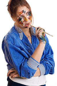 思想中的艺术家天赋职业女士衬衫帆布画家身体工匠水粉头发图片