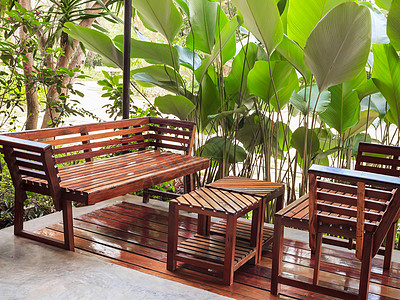 园里的餐桌和椅子桌子植物灌木露台绿色植物用餐树篱纠察公园播种机图片