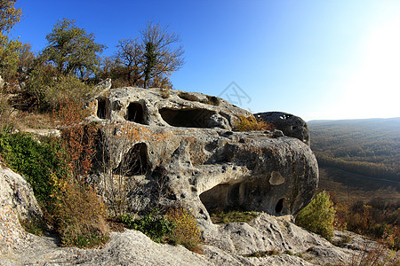 乌克兰克里米亚州爱斯基凯门山洞城乌克兰岩石蓝色季节热带天空天气爬坡太阳旅行风景图片