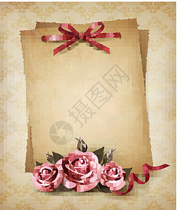 背影背景 有美丽的粉红色玫瑰和旧纸棕褐色明信片刷子废料卡片框架纸板花束遗产记忆图片