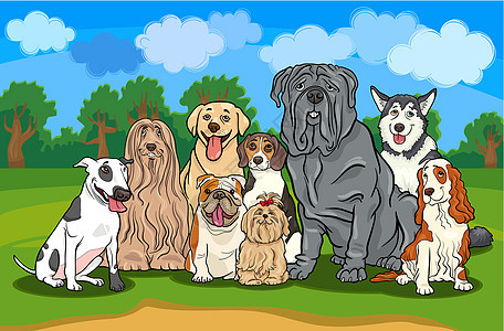 纯种狗类卡通插图团体风光小狗獒犬漫画树木宠物快乐长发公园图片