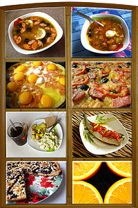 各种盘子照片的拼贴蔬菜橙子食物营养烹饪馅饼国家餐厅蛋黄美食图片