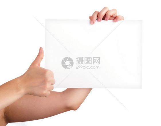 一张手持空白纸 另一张纸做完美西格手臂办公室横幅标语卡片营销笔记框架拇指身份图片
