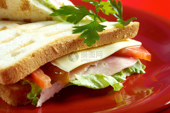 三明治加奶酪和火腿食物服务白色盘子红色熟食早餐熏制午餐美食图片