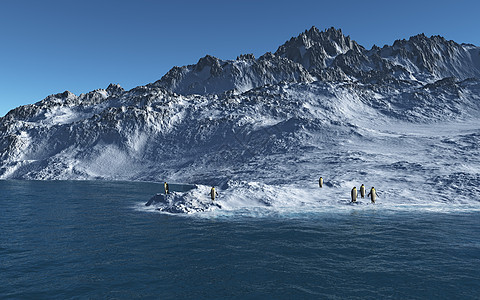 南极洲企鹅插图海洋动物波浪荒野天空反射蓝色风景图片