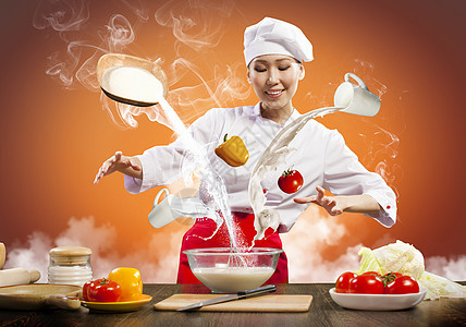 亚洲女性用魔法烹饪杯子手指帽子成人空气饮食食物胡椒女士沙拉图片