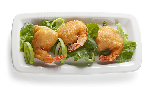 虾海鲜绿色白色食物韭葱油炸盘子芝麻图片