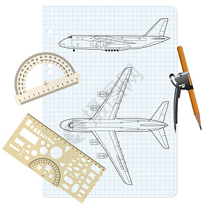带有模型飞机绘图图的练习手册 矢量误判商业罗盘插图客机船运速度送货运输车辆喷射图片