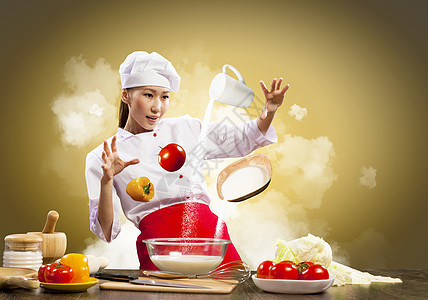亚洲女性用魔法烹饪饮食女孩空气蔬菜杯子沙拉围裙魅力胡椒面粉图片