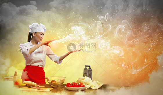亚洲女性用魔法烹饪沙拉魅力面粉女士牛奶饮食杯子魔术师成人帽子图片