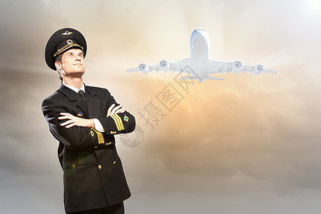 男性飞行员形象工作航天运输蓝色天空航空旅游飞机场成人队长图片