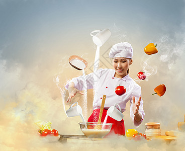亚洲女性用魔法烹饪杯子面粉帽子成人饮食蔬菜女士魅力沙拉空气图片