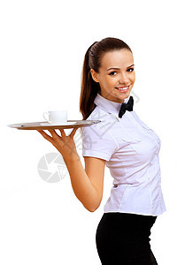 年轻女服务员 带空托盘食物餐饮派对女性微笑服务商业女孩男性用餐图片