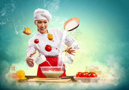 亚洲女性用魔法烹饪食物沙拉面粉成人饮食胡椒空气魅力牛奶手指图片