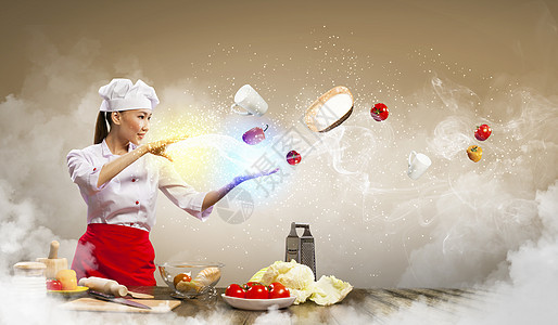 亚洲女性用魔法烹饪饮食魔术师食物围裙空气牛奶帽子面粉蔬菜沙拉图片