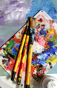 混合绘画教育调色板艺术家艺术品学校爱好创造力液体颜料刷子图片